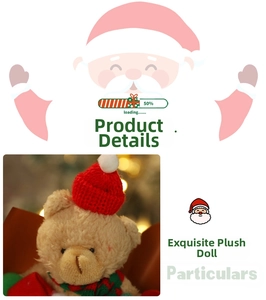 Detail of Christmas teddy bear plush with red scarf and knitted hat for holiday decor