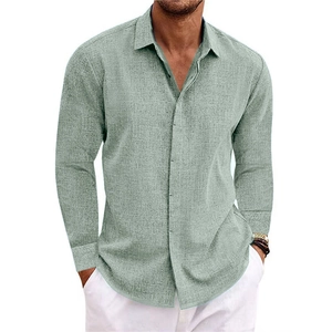 Men's sage green linen long sleeve shirt with classic button-down collar and texture