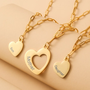 Gold Plated Stainless Steel Heart Pendant Necklaces Mother Daughter Son Letter Paperclip Chain Family Jewelry