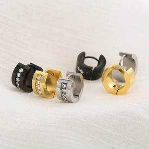 Stainless Steel Huggie Hoop Earrings With Round Cubic Zirconia Pave Inlay For Men Women Fashion Minimalist Polished