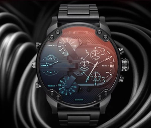 Close-up of industrial multi-timezone watch with gunmetal band and iridescent glass dial