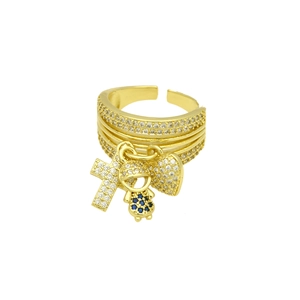 Detail of adjustable gold ring with sparkling cross, heart, and blue stone figure charms
