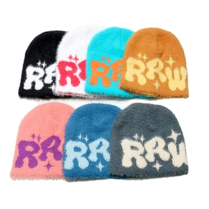 Plush Knitted Beanie Hat For Women Winter Warm Faux Mink Fur Cap With Letter RRW And Star Pattern Street Style