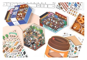 Macro shot of sushi and coffee themed PET DIY stickers for creative stationery decoration
