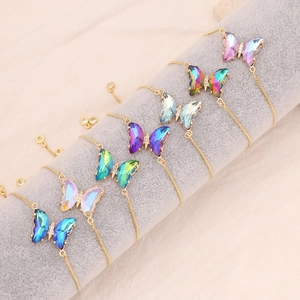 Adjustable 18K gold-plated butterfly bracelet with colorful zircon crystals set