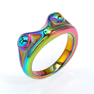 Vintage rainbow titanium steel frog ring for men and women with iridescent finish