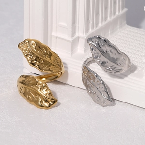Leaf Shape Open Adjustable Ring Stainless Steel Minimalist Texture Fashion Jewelry For Women Elegant