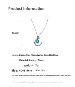 Detail view of zircon moon star teardrop necklace showing copper material and size specs