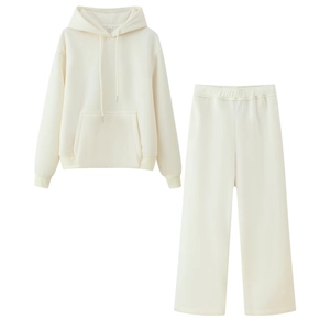 Women's cream white crew neck drawstring hooded sweatshirt and wide-leg pant set