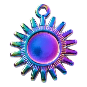 Detailed view of sun-shaped rainbow metal pendant with iridescent stainless steel finish
