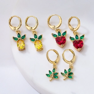Pineapple Strawberry Leaf Dangle Earrings Copper Gold Plated With Colorful Zircon For Women Cute INS Style Accessory