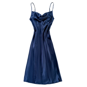 Short navy satin slip dress with cowl neck and spaghetti straps for women