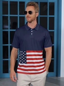 Detail of navy blue polo shirt featuring American flag pattern and button neckline