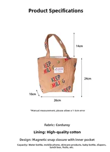 Size chart showing 26x24x10cm corduroy handbag dimensions and technical specifications