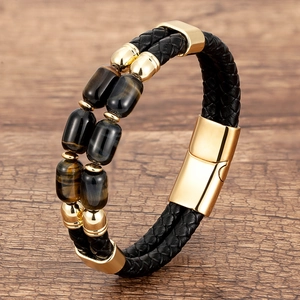 Men's double-layer braided black leather bracelet with tiger eye stones and gold buckle