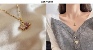 Macro view of swan pendant necklace with purple zircon crystals and model wearing it