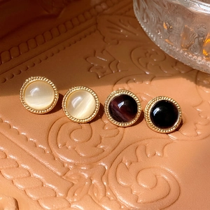 Vintage round cat-eye stone stud earrings with golden rope edge in multiple colors