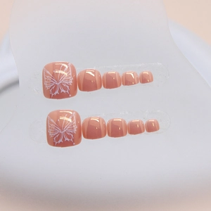 Pink aurora press-on toenails with white butterfly art design on a display stand
