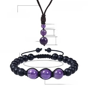 Adjustable 12mm natural amethyst necklace and matte black bead bracelet jewelry set