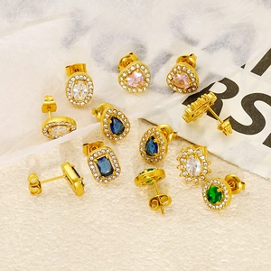 Stainless Steel Stud Earrings 18K Gold Plated Colorful Cubic Zirconia Heart Square Round Water Drop Halo Trendy Jewelry Women