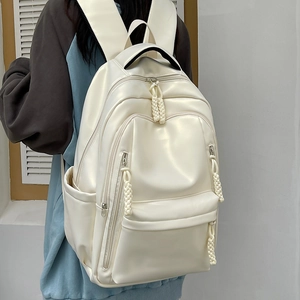 Minimalist Glossy PU Leather Backpack Waterproof Large Capacity School Bookbag For College Students Solid Color Travel Chic