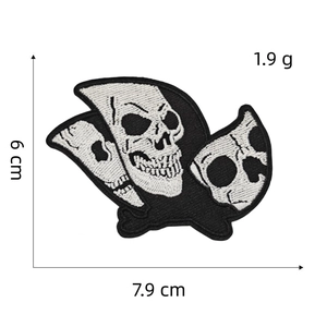 Detail view of monochrome skull butterfly embroidery patch with size 7.9 cm and 6 cm