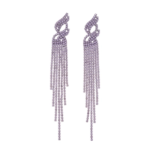 Elegant purple rhinestone tassel drop earrings with geometric wave design on white backdrop