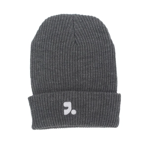 Detail of dark grey ribbed knit beanie showing white embroidered logo and texture