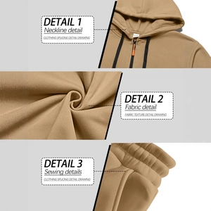 Men's khaki zip-up hoodie featuring detailed stitching and premium fleece fabric texture