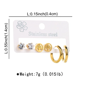 Detailed set of stainless steel stud earrings featuring a crown, tree of life, and round zircon