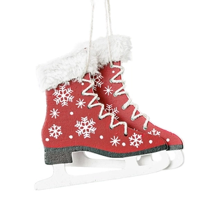 Red wooden ice skate Christmas ornaments with white fur trim and hanging strings
