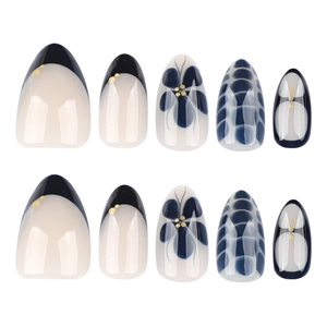 Short almond press-on nails with blue butterfly art and French tips, pack of 10 pieces
