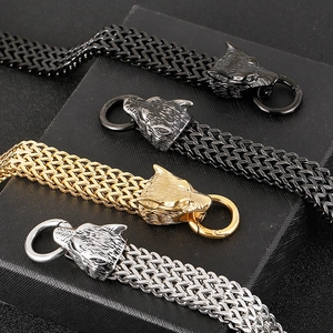 Men's punk wolf head braided chain bracelets in gold, silver, black, and gunmetal finishes