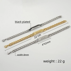 Détails techniques des bracelets cubains en acier de 8mm en or, argent et noir poli
