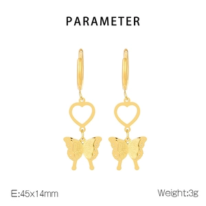 Detailed view of 18K gold plated heart and butterfly drop earrings with size parameters