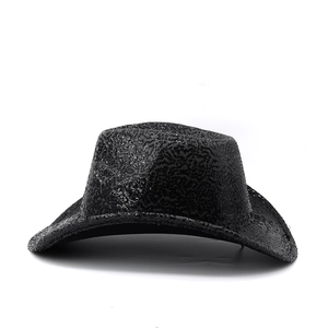 Close-up of sparkling black sequins on a classic western cowboy hat for parties