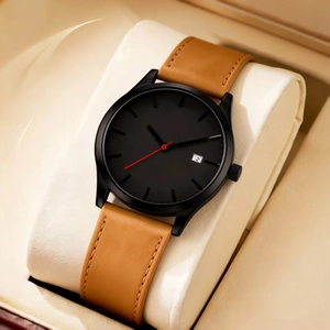 Montre homme minimaliste avec cadran noir, trotteuse rouge et bracelet en cuir marron en coffret