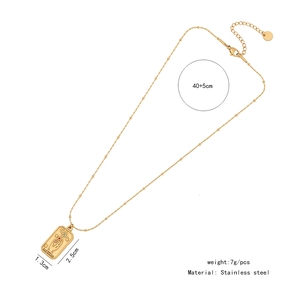 Macro detail of The Stars tarot card pendant with dimensions on stainless steel chain
