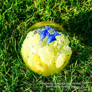 Macro detail of crystal ball paperweight with blue dolphins and yellow coral inside