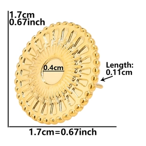 Detail of gold 304 stainless steel round stud earring with size parameters and 1.7cm diameter