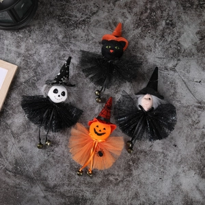 Halloween hanging decor set with black cat, ghost, pumpkin and witch dolls and bells