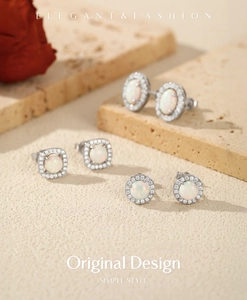 Detailed set of S925 silver opal earrings in round square and oval shapes with zircon