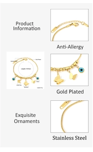 Detailed view of a gold butterfly bracelet with evil eye beads and precise measurements
