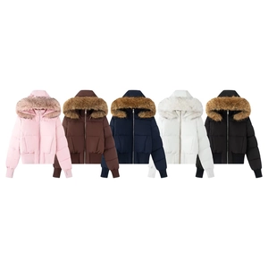 Women Short Padded Jacket Faux Fur Collar Hooded Zip Up Ribbed Cuffs Thumbholes Winter Warm Solid Color Casual Outerwear