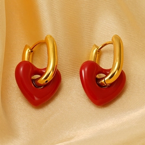 Red Enamel Heart Drop Earrings Retro 18K Gold Plated Stainless Steel U Shape Detachable Hoop Jewelry For Women
