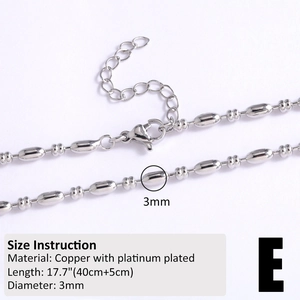 Makrodetail der platinierten 3mm Kupfer-Perlenkette mit Karabinerverschluss und Maßen