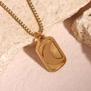 18K gold plated stainless steel rectangle necklace with celestial moon and sun engraving