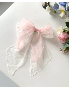 Elegant large pink mesh and white lace bow hair clip with floral embroidery for women