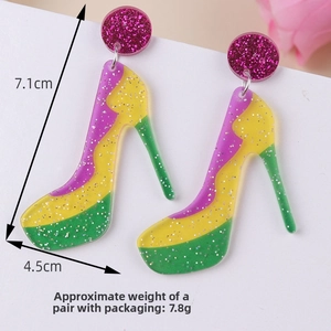 Macro detail of glitter acrylic high heel earrings with 7.1cm height measurement