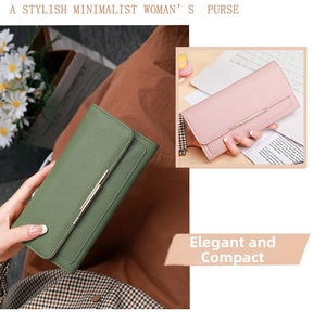 Deep green and pink textured leather long wallets featuring elegant gold metal buckles